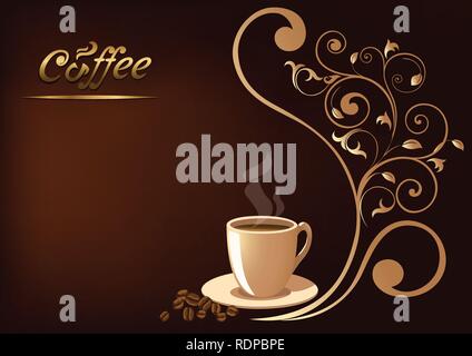 Cup of coffee on a brown background with decorative floral design. There is a place for the text block. For a background, wallpaper, form menu. Stock Vector