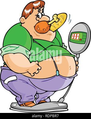 The illustration shows of a big fat man on the weighing-machine, his mouth a piece of chicken and loaves. Stock Vector