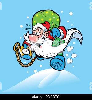 Santa Claus in a hurry for the holiday. Behind him a sack of presents, he looks at his watch Stock Vector