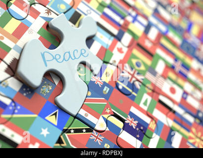 Global flags and peace jigsaw puzzle peace, illustration Stock Photo