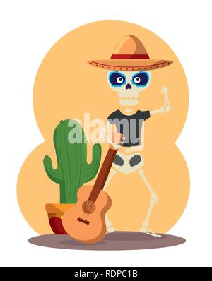 skeleton man wearing hat with guitar and cactus plant vector illustration Stock Vector