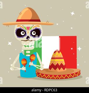 skeleton man wearing hat with maracas and mexico flag vector illustration Stock Vector