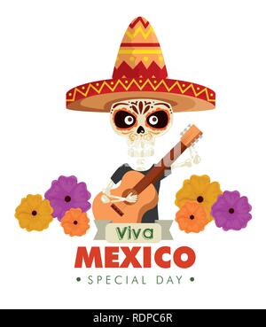 skeleton man wearing hat with guitar and flowers vector illustration Stock Vector