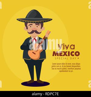 mariachi man wearing hat with suit and guitar vector illustration Stock Vector