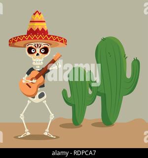 skeleton man wearing hat with guitar to celebrate event vector illustration Stock Vector