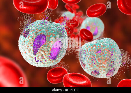 Acute lymphoblastic leukaemia treatment concept. Computer illustration showing destruction of lymphoblast cells. Stock Photo
