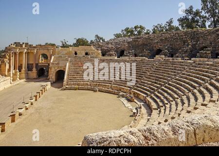 Bet Shean Roman theatre, Israel, dating from the first century CE. During the Hellenistic period Bet Shean had a Greek population and was called Scythopolis. In 64 BCE it was taken by the Romans, rebuilt, and made the capital of the Decapolis, the Ten Cities of Samaria that were centres of Greco-Roman culture. The city contains the best preserved Roman theatre of ancient Samaria as well as a hippodrome, cardo, and other trademarks of the Roman influence. Excavations at the cite are ongoing and reveal no less than 18 successive ancient towns Stock Photo