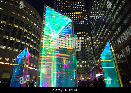 colourful columns of colour at the Winter Lights exhibition in Canary Wharf 2019 (Prismatica) Stock Photo