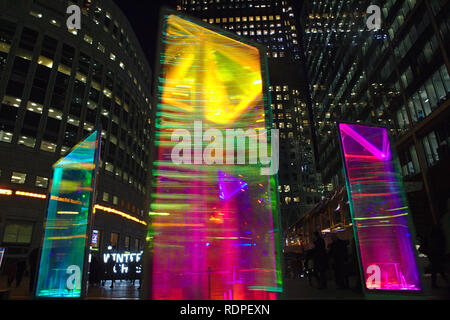 colourful columns of colour at the Winter Lights exhibition in Canary Wharf 2019 (Prismatica) Stock Photo