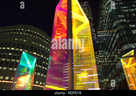 colourful columns of colour at the Winter Lights exhibition in Canary Wharf 2019 (Prismatica) Stock Photo