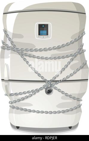 Red refrigerator wrapped in chains with lock - isolated on white. Vector illustration. Stock Vector