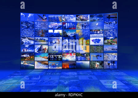 Big multimedia video wall widescreen Web streaming media TV Stock Photo