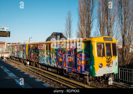 Berlin, Germany - january 2019:   Graffiti U-Bahn / subway train at Warschauer Strasse Station  in Berlin, Germany,
