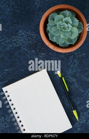 Lined notepad, pencil, and plant on marbled blue backgroud shot from overhead in vertical format Stock Photo