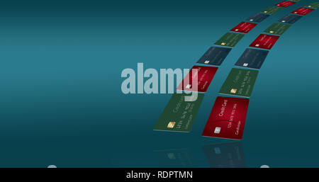 Credit cards arc across page and is surrounded with space for text or other design elements. This is an illustration.