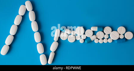 Medicines white, round heart shaped pills isolated on blue background. Tablets in the form of a line of a heart rhythm on a pastel blue background. Ca