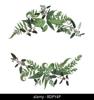Floral bouquet design set, green forest leaf, fern, branches boxwood, buxus, eucalyptus. Watercolor style, herbs. Wedding for invite card Isolated des Stock Vector