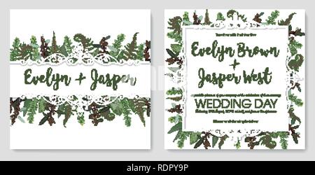 Beautiful festive frame with green leaves of forest fern, boxwood and eucalyptus. Vector sample for wedding invitations, cards, banners, certificates, Stock Vector