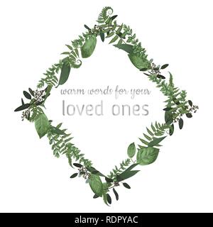 Vector floral card design. Green fern forest leaves herbs, eucalyptus, boxwood. Natural botanical Greeting wedding invite editable template rhombus, r Stock Vector