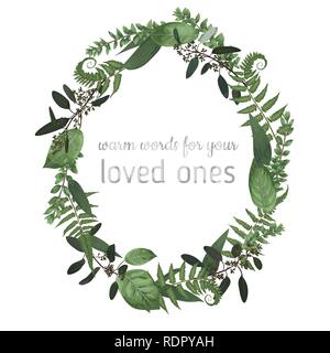 Beautiful leafy frame wreath of eucalyptus, fern and boxwood branches isolated on white. For wedding invitations, vignettes, postcards, posters, label Stock Vector