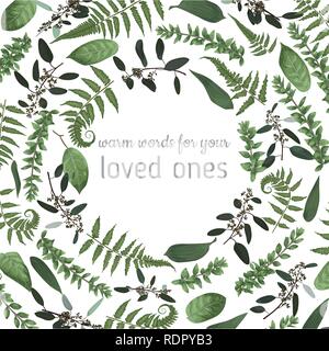 Green vector wreath frame made from twigs and leaves of eucalyptus, boxwood and fern isolated on white background. For wedding invitations, postcards, Stock Vector