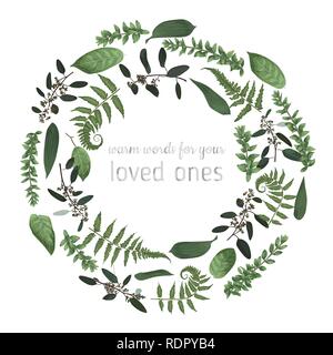 Green vector wreath frame made from twigs and leaves of eucalyptus, boxwood and fern isolated on white background. For wedding invitations, postcards, Stock Vector