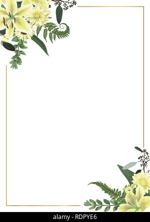 Decorative golden rectangular frame with green forest leaf, fern, branches, buxus, eucalyptus. Flowers of white lily, gerbera, dahlia. For wedding inv Stock Vector
