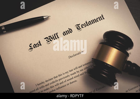 Last Will and Testament concept. Pen, gavel on desk Stock Photo