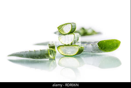 Slices of aloe vera with gel on white background. Stock Photo