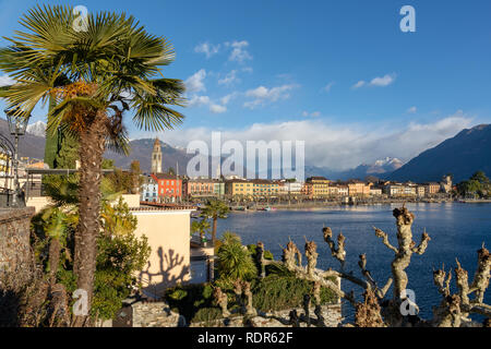 Ascona, Switzerland, at the Lake Maggiore and alps in the background Stock Photo