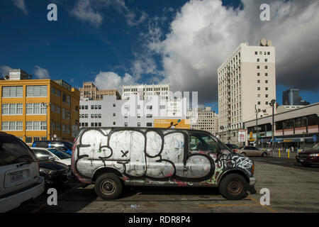 Van with graffiti. Downtown Los Angeles, California, USA Stock Photo