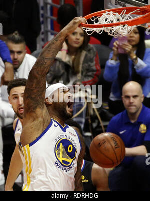 Los Angeles, California, USA. 17th Jan, 2019. Golden State Warriors' DeMarcus Cousins (0) dunks during an NBA basketball game between Los Angeles Clippers and Golden State Warriors Friday, Jan. 18, 2019, in Los Angeles. Credit: Ringo Chiu/ZUMA Wire/Alamy Live News Stock Photo