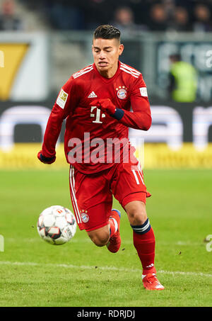 Sinsheim, Germany. 18th Jan, 2019. James RODRIGUEZ, FCB 11 drives, controls the ball, action, full-size, Single action with ball, full body, whole figure, cutout, single shots, ball treatment, pick-up, header, cut out, 1899 HOFFENHEIM - FC BAYERN MUNICH 1-3 - DFL REGULATIONS PROHIBIT ANY USE OF PHOTOGRAPHS as IMAGE SEQUENCES and/or QUASI-VIDEO - 1.German Soccer League in Sinsheim, Germany, January 18, 2019 Season 2018/2019, matchday 18, FCB, München, Credit: Peter Schatz/Alamy Live News Stock Photo