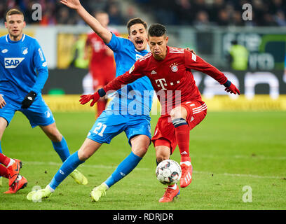 Sinsheim, Germany. 18th Jan, 2019. James RODRIGUEZ, FCB 11 compete for the ball, tackling, duel, header, action, fight against Benjamin HUEBNER, Hoff 21 1899 HOFFENHEIM - FC BAYERN MUNICH 1-3 - DFL REGULATIONS PROHIBIT ANY USE OF PHOTOGRAPHS as IMAGE SEQUENCES and/or QUASI-VIDEO - 1.German Soccer League in Sinsheim, Germany, January 18, 2019 Season 2018/2019, matchday 18, FCB, München, Credit: Peter Schatz/Alamy Live News Stock Photo