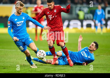 Sinsheim, Germany. 18th Jan, 2019. James RODRIGUEZ, FCB 11 compete for the ball, tackling, duel, header, action, fight against Benjamin HUEBNER, Hoff 21 Stefan POSCH, Hoff 38 1899 HOFFENHEIM - FC BAYERN MUNICH 1-3 - DFL REGULATIONS PROHIBIT ANY USE OF PHOTOGRAPHS as IMAGE SEQUENCES and/or QUASI-VIDEO - 1.German Soccer League in Sinsheim, Germany, January 18, 2019 Season 2018/2019, matchday 18, FCB, München, Credit: Peter Schatz/Alamy Live News Stock Photo