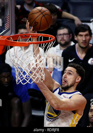 Los Angeles, California, USA. 17th Jan, 2019. Golden State Warriors' Klay Thompson (11) goes to basket during an NBA basketball game between Los Angeles Clippers and Golden State Warriors Friday, Jan. 18, 2019, in Los Angeles. Credit: Ringo Chiu/ZUMA Wire/Alamy Live News Stock Photo