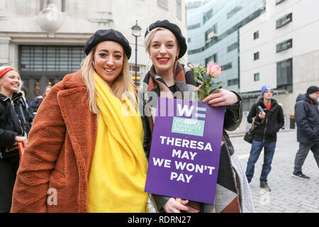 London, UK. 19th Jan, 2019. Hundreds of women gather at Portland Place before marching to Trafalgar Square. Marching for workers rights for women and against austerity in the United Kingdom. Credit: Penelope Barritt/Alamy Live News Stock Photo