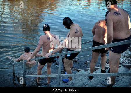 Mlada Boleslav, Czech Republic. 19th Jan, 2019. Polar swimmers take part in the traditional swim in the Jizera River in Mlada Boleslav 50 kilometers north of Prague in the Czech Republic. About two hundred swimmers took part in water temperatures of 4 degrees Celsius. Credit: Slavek Ruta/ZUMA Wire/Alamy Live News Stock Photo