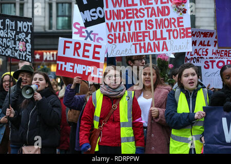 Central London, UK, 19th Jan 2019. Thousands of women (and men) rally in Central London to once again protest for women's equality and the protection of women's rights. The London march sets of from Portland Square and culminates with a rally in Trafalgar Square. On the same day, similar protests happen in many cities around the globe. Credit: Imageplotter News and Sports/Alamy Live News Stock Photo