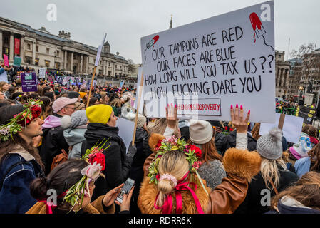 London, UK. 19th January 2019. Tampon Tax - The London Chapter of the Women's March Movement organises a 'bread and roses' march in memeory of the 1912 protests that revoutionised workers rights for women and against austerity. Credit: Guy Bell/Alamy Live News Stock Photo