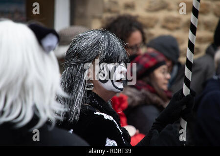 Whittlesey, Cambridgeshire, UK. 19th Jan, 2019. Whittlesey is hosting the 40th The Straw Bear Festival procession on January 19, 2018. The  festival celebrates the old Fenland plough custom of parading straw bears around the town every January where they would then consume beer tobacco and beef.  The procession, led by the Straw Bear, has over 2o0 dancers, musicians and performers. They perform traditional Molly, Morris, Clog and Sword dancing. There are concerts planned for the evenings Credit: WansfordPhoto/Alamy Live News Stock Photo
