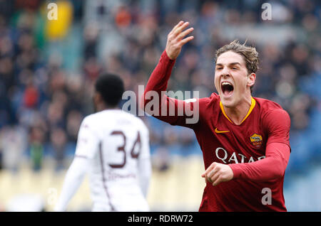 Rome, Italy, 19th January, 2019. Roma's Nicolo' Zaniolo celebrates after scoring during the Serie A soccer match between Roma and Torino at the Olympic Stadium. Roma won 3-2. © Riccardo De Luca UPDATE IMAGES/ Alamy Live News Stock Photo