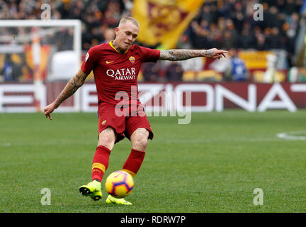 Rome, Italy, 19th January, 2019. Roma's Rick Karsdorp kicks the ball during the Serie A soccer match between Roma and Torino at the Olympic Stadium. Roma won 3-2. © Riccardo De Luca UPDATE IMAGES/ Alamy Live News Stock Photo