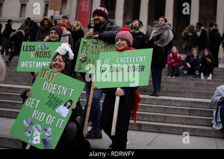 London, UK. 19th Jan, 2019. Women seen holing placards during the protest.Activists in London joined marchers in dozens of other cities around the globe for the third anniversary of the first Women's March. Credit: Julian Hattem/SOPA Images/ZUMA Wire/Alamy Live News Stock Photo