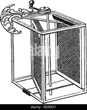 . A manual of bee-keeping. Bee culture; Bees. 122 A MANUAL OF BEE-KEEPING. held in place by a central spindle working in the bottom of the can, and the frame of the top. The turn- ing of the handle gives motion, which sets the inter- nal wire-frame revolving. The machine is chiefly appli- cable to frame hives; full honeycombs with their frames are taken from the hive, the Bees smartly shaken or brushed off, then if the honey cells are sealed, they are carefully shaved off with a bent knife heated in hot. Please note that these images are extracted from scanned page images that may have been di Stock Photo