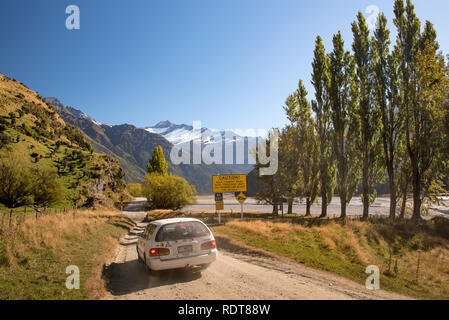 A picturesque drive through the Matukituki Valley leads to the start of the Rob Roy Glacier Track near Wanaka on the South Island of New Zealand. Stock Photo