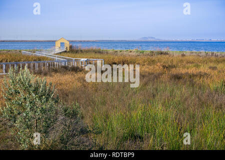 Walkway through the marsh at Alviso Marina County Park, San Jose, Santa Clara county, California Stock Photo
