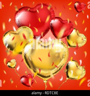 Red card with the gold and red foil heart shape balloons Stock Vector
