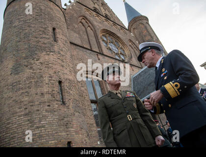 Marine Corps Gen. Joe Dunford, chairman of the Joint Chiefs of Staff, participates in an arrival ceremony with his counterpart Dutch Lt. Adm. Rob Bauer, Chief of Defense of the armed forces of the Netherlands, at the Binnenhof in the Hague, Jan. 18, 2019. (DOD Photo by Navy Petty Officer 1st Class Dominique A. Pineiro) Stock Photo