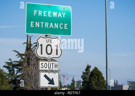 'Freeway entrance' sign on a blue sky background, San Francisco bay, California Stock Photo